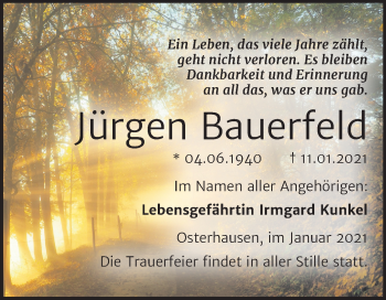 Traueranzeige von Jürgen Bauerfeld von Mitteldeutsche Zeitung Mansfelder Land