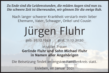 Traueranzeige von Jürgen Fluhr von Mitteldeutsche Zeitung Mansfelder Land