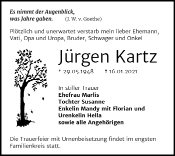 Traueranzeige von Jürgen Kartz von Super Sonntag Bernburg