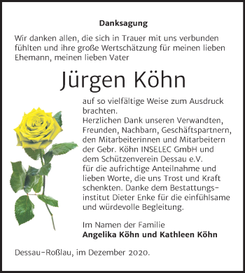 Traueranzeige von Jürgen Köhn von Super Sonntag Dessau-Roßlau