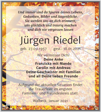 Traueranzeige von Jürgen Riedel von Mitteldeutsche Zeitung Mansfelder Land