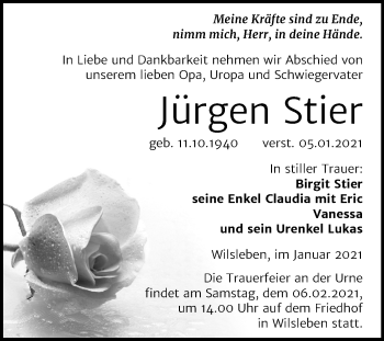 Traueranzeige von Jürgen Stier von Super Sonntag Aschersleben