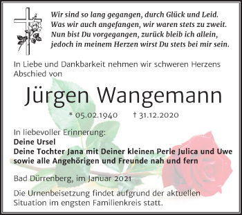 Traueranzeige von Jürgen Wangemann von Super Sonntag Merseburg/Querfurt