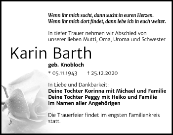 Traueranzeige von Karin Barth von Mitteldeutsche Zeitung Wittenberg