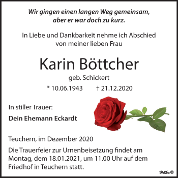Traueranzeige von Karin Böttcher von Super Sonntag Weißenfels