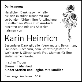 Traueranzeige von Karin Heinrich von Mitteldeutsche Zeitung Bernburg