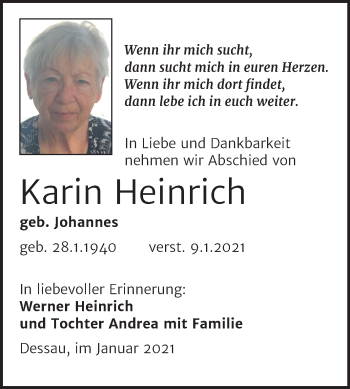Traueranzeige von Karin Heinrich von Mitteldeutsche Zeitung Dessau-Roßlau