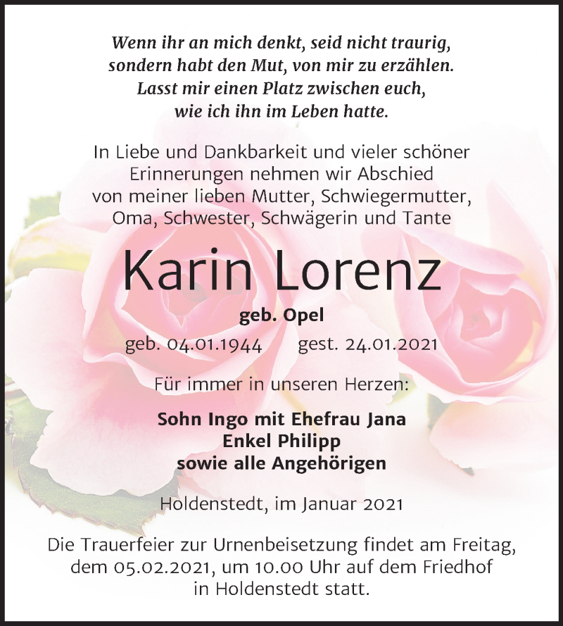  Traueranzeige für Karin Lorenz vom 29.01.2021 aus Mitteldeutsche Zeitung Sangerhausen