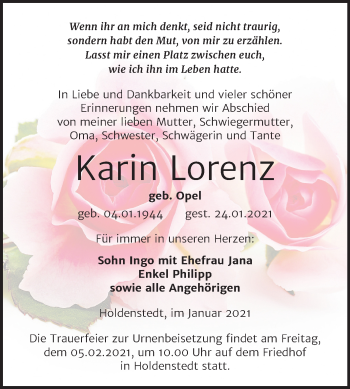 Traueranzeige von Karin Lorenz von Super Sonntag Sangerhausen