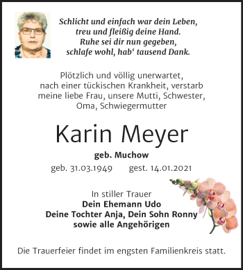 Traueranzeige von Karin Meyer von Mitteldeutsche Zeitung Mansfelder Land