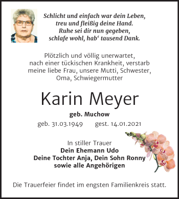 Traueranzeige von Karin Meyer von Super Sonntag Mansfelder Land