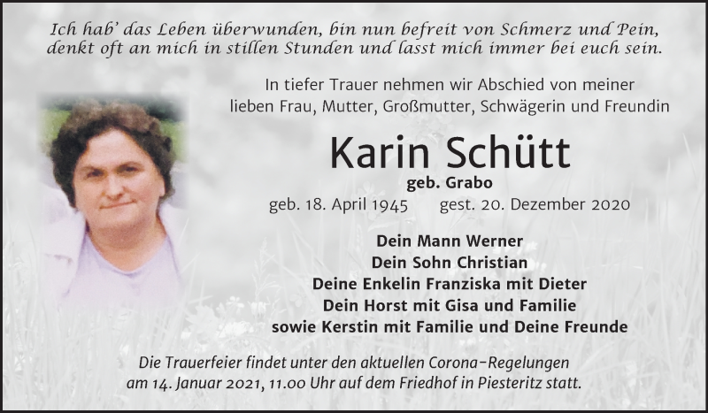  Traueranzeige für Karin Schütt vom 02.01.2021 aus Super Sonntag Wittenberg