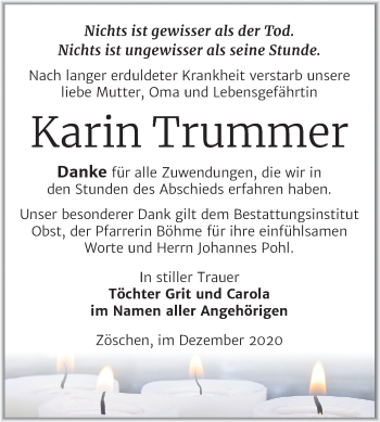 Traueranzeige von Karin Trummer von Mitteldeutsche Zeitung Merseburg/Querfurt