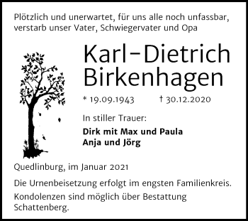 Traueranzeige von Karl-Dietrich Birkenhagen von Super Sonntag Quedlinburg