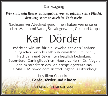 Traueranzeige von Karl Dörder von Mitteldeutsche Zeitung Mansfelder Land
