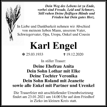 Traueranzeige von Karl Engel von Mitteldeutsche Zeitung Wittenberg