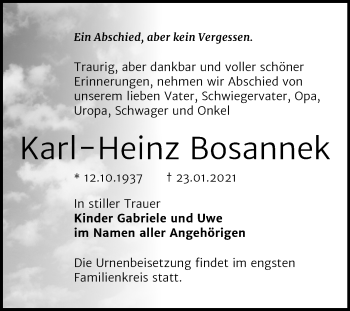 Traueranzeige von Karl-Heinz Bosannek von Super Sonntag Bernburg