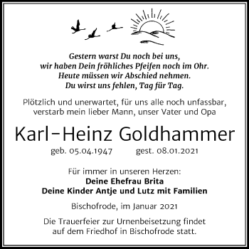 Traueranzeige von Karl-Heinz Goldhammer von Super Sonntag Mansfelder Land