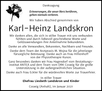Traueranzeige von Karl-Heinz Landskron von Mitteldeutsche Zeitung Wittenberg