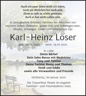 Traueranzeige von Karl-Heinz Löser von Super Sonntag Weißenfels