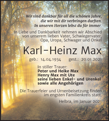 Traueranzeige von Karl-Heinz Max von Super Sonntag Mansfelder Land