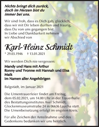 Traueranzeige von Karl-Heinz Schmidt von Super Sonntag Naumburg/Nebra