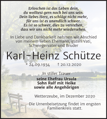 Traueranzeige von Karl-Heinz Schütze von Super Sonntag Zeitz
