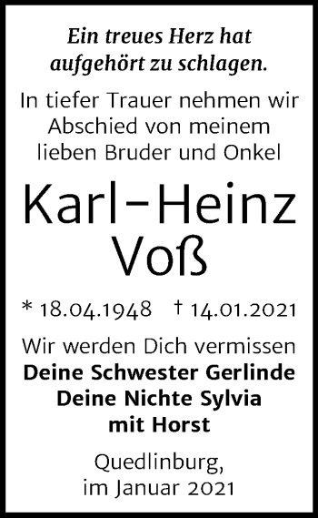 Traueranzeige von Karl-Heinz Voß von Super Sonntag Quedlinburg