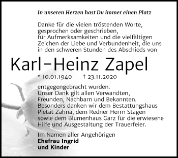 Traueranzeige von Karl-Heinz Zapel von Super Sonntag Wittenberg