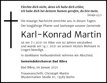 Traueranzeige von Karl-Konrad Martin von Mitteldeutsche Zeitung Naumburg/Nebra