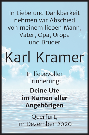 Traueranzeige von Karl Kramer von Mitteldeutsche Zeitung Merseburg/Querfurt