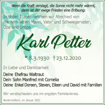 Traueranzeige von Karl Petter von Mitteldeutsche Zeitung Naumburg/Nebra