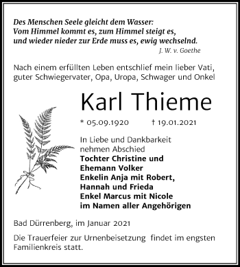 Traueranzeige von Karl Thieme von Super Sonntag Merseburg/Querfurt