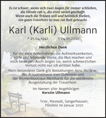 Traueranzeige von Karl Ullmann von Super Sonntag Sangerhausen