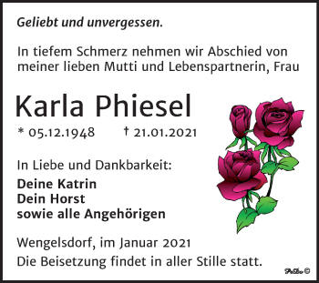 Traueranzeige von Karla Phiesel von Super Sonntag Weißenfels