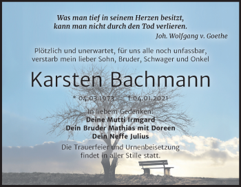 Traueranzeige von Karsten Bachmann von Mitteldeutsche Zeitung Bitterfeld