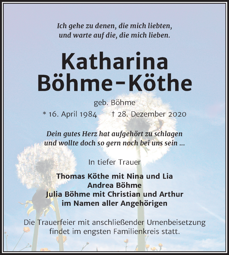  Traueranzeige für Katharina Böhme-Köthe vom 23.01.2021 aus Mitteldeutsche Zeitung Halle/Saalkreis