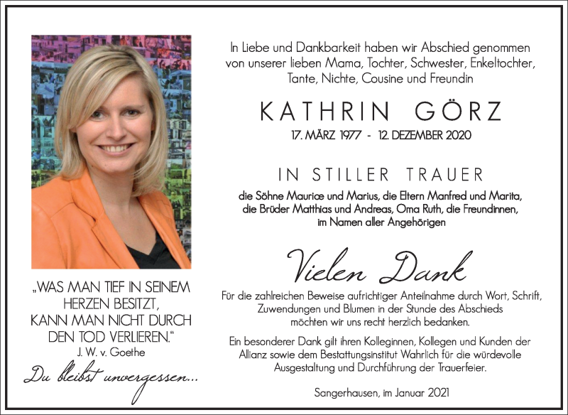  Traueranzeige für Kathrin Görz vom 23.01.2021 aus Super Sonntag Sangerhausen