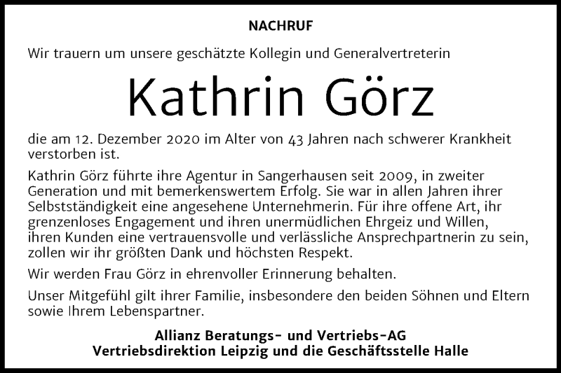  Traueranzeige für Kathrin Görz vom 30.01.2021 aus Mitteldeutsche Zeitung Sangerhausen