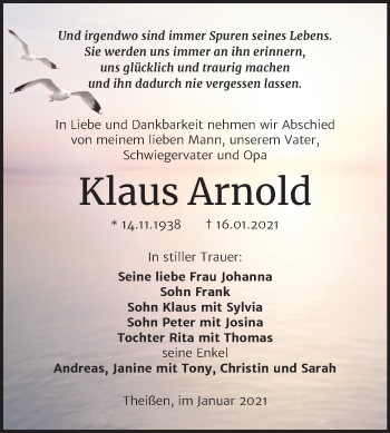 Traueranzeige von Klaus Arnold von Mitteldeutsche Zeitung Zeitz