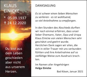 Traueranzeige von Klaus Einicke von Super Sonntag Naumburg/Nebra