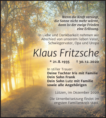 Traueranzeige von Klaus Fritzsche von Super Sonntag Weißenfels