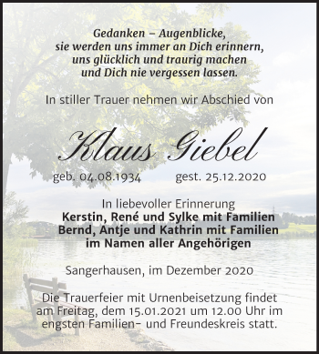 Traueranzeige von Klaus Giebel von Super Sonntag Sangerhausen