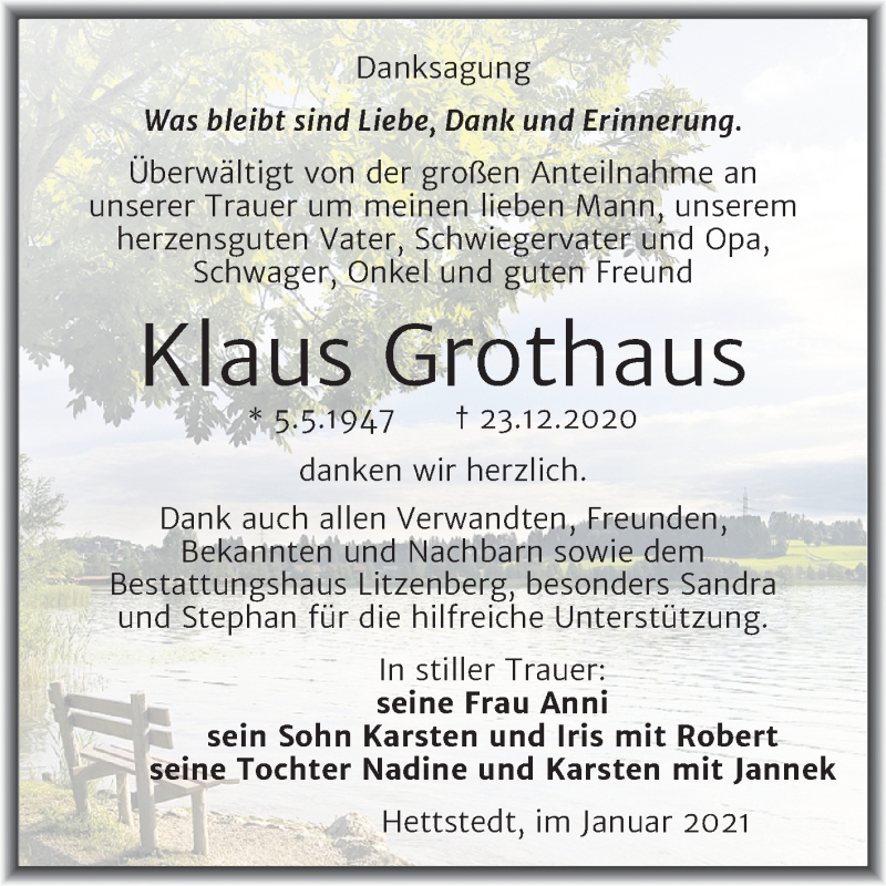  Traueranzeige für Klaus Grothaus vom 30.01.2021 aus Super Sonntag Mansfelder Land