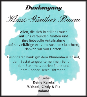 Traueranzeige von Klaus-Günther Baum von Mitteldeutsche Zeitung Sangerhausen
