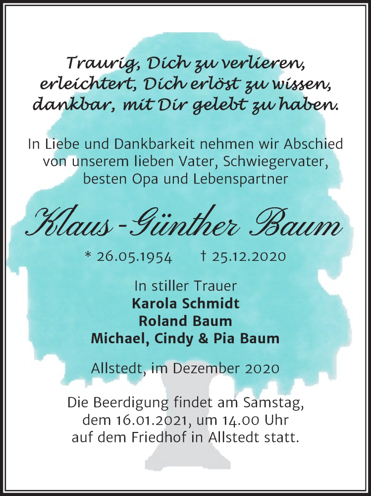  Traueranzeige für Klaus-Günther Baum vom 09.01.2021 aus Super Sonntag Sangerhausen