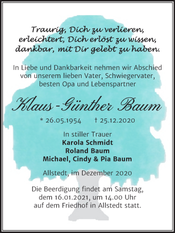 Traueranzeige von Klaus-Günther Baum von Super Sonntag Sangerhausen