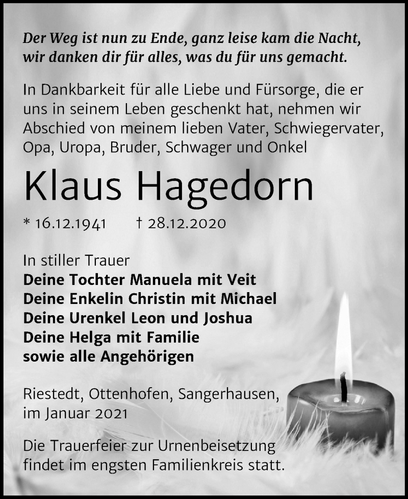  Traueranzeige für Klaus Hagedorn vom 09.01.2021 aus Mitteldeutsche Zeitung Sangerhausen