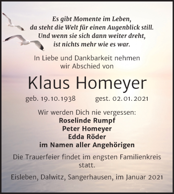 Traueranzeige von Klaus Homeyer von Super Sonntag Sangerhausen