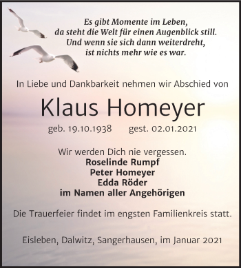 Traueranzeige von Klaus Homeyer von Mitteldeutsche Zeitung Mansfelder Land